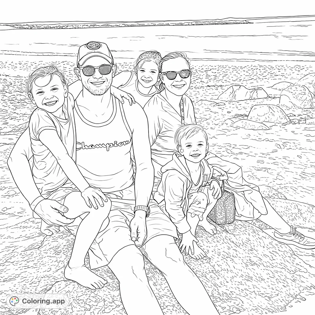 A cheerful family enjoys a day at the beach, posing together on rocks with the ocean and sandy shore in the background. A heartwarming scene for all ages.