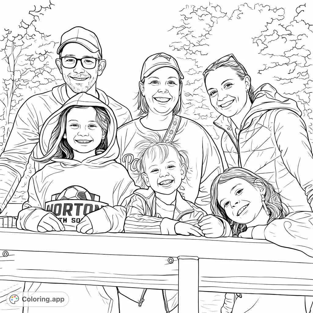 A cheerful family portrait coloring page featuring three adults and three children smiling happily outdoors. Perfect for capturing precious family moments and creative fun.