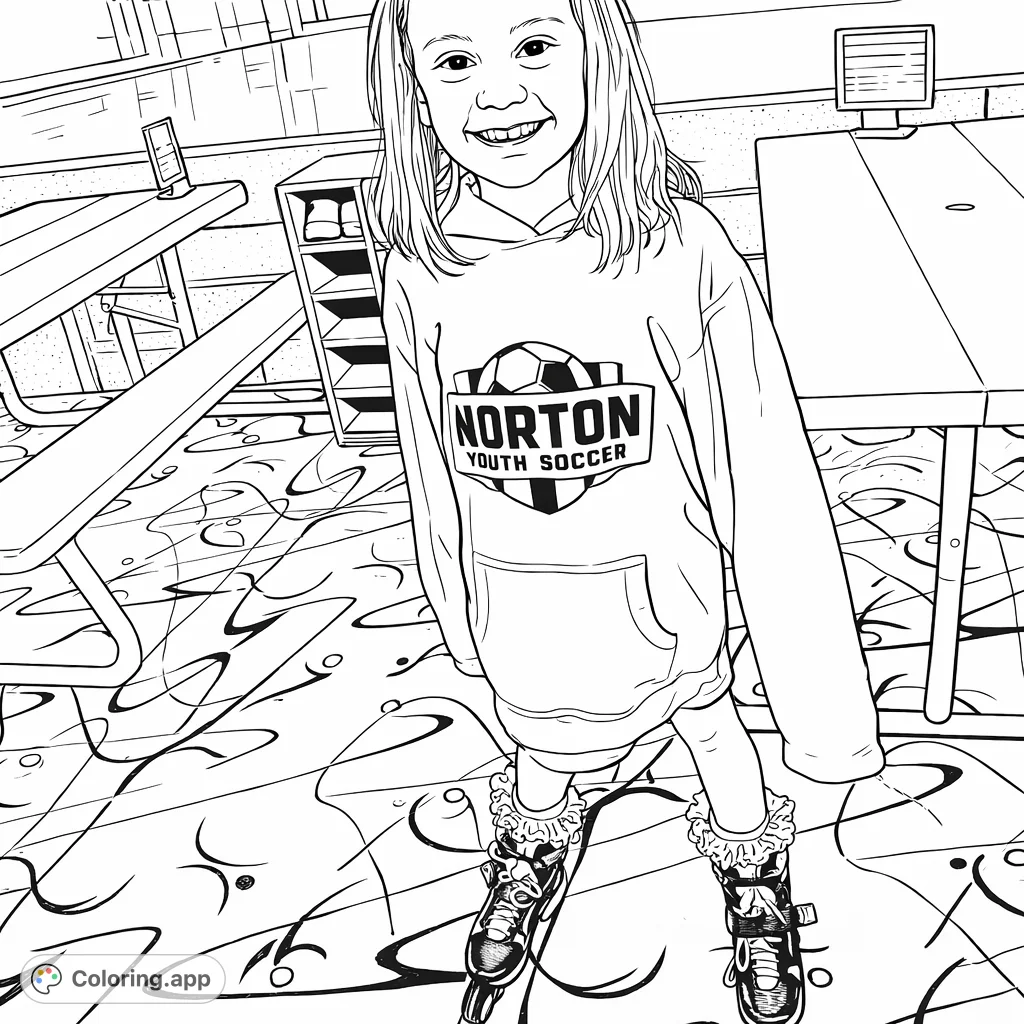A cheerful girl on roller skates, ready for fun at the rink. Features a soccer-themed hoodie and an exciting patterned floor.