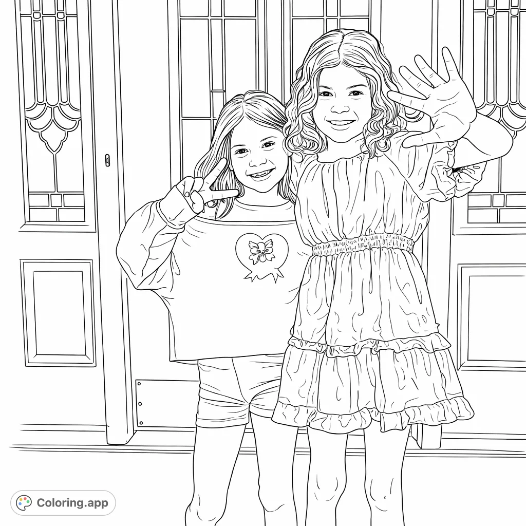 Two cheerful girls pose for a picture, one making a peace sign, the other waving, against a decorative door. Perfect for creative coloring fun!