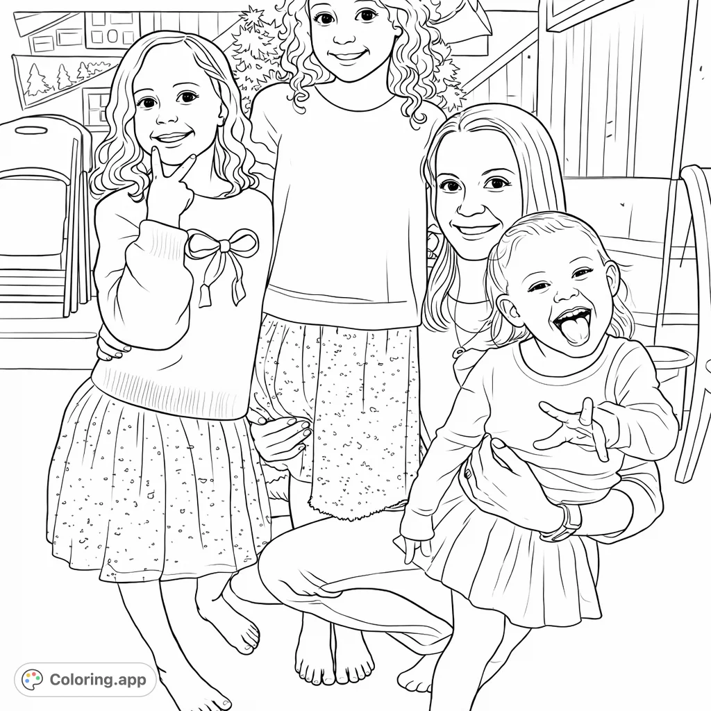 Capture heartwarming family moments with this joyful portrait featuring a woman and three smiling children, perfect for a relaxing creative activity.