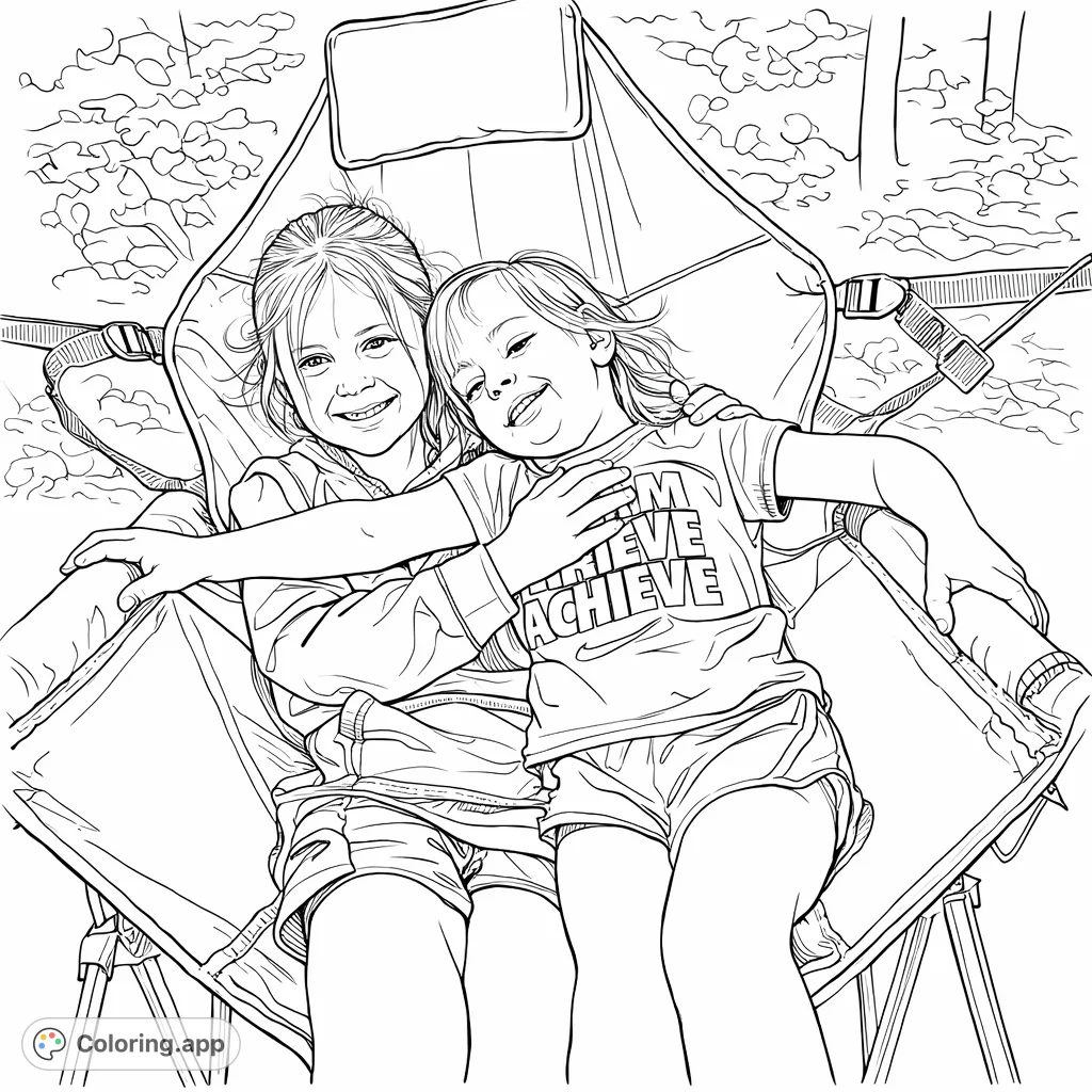 Two happy girls share a camping chair, smiling together amidst outdoor foliage. A heartwarming scene ready for your creative touch.