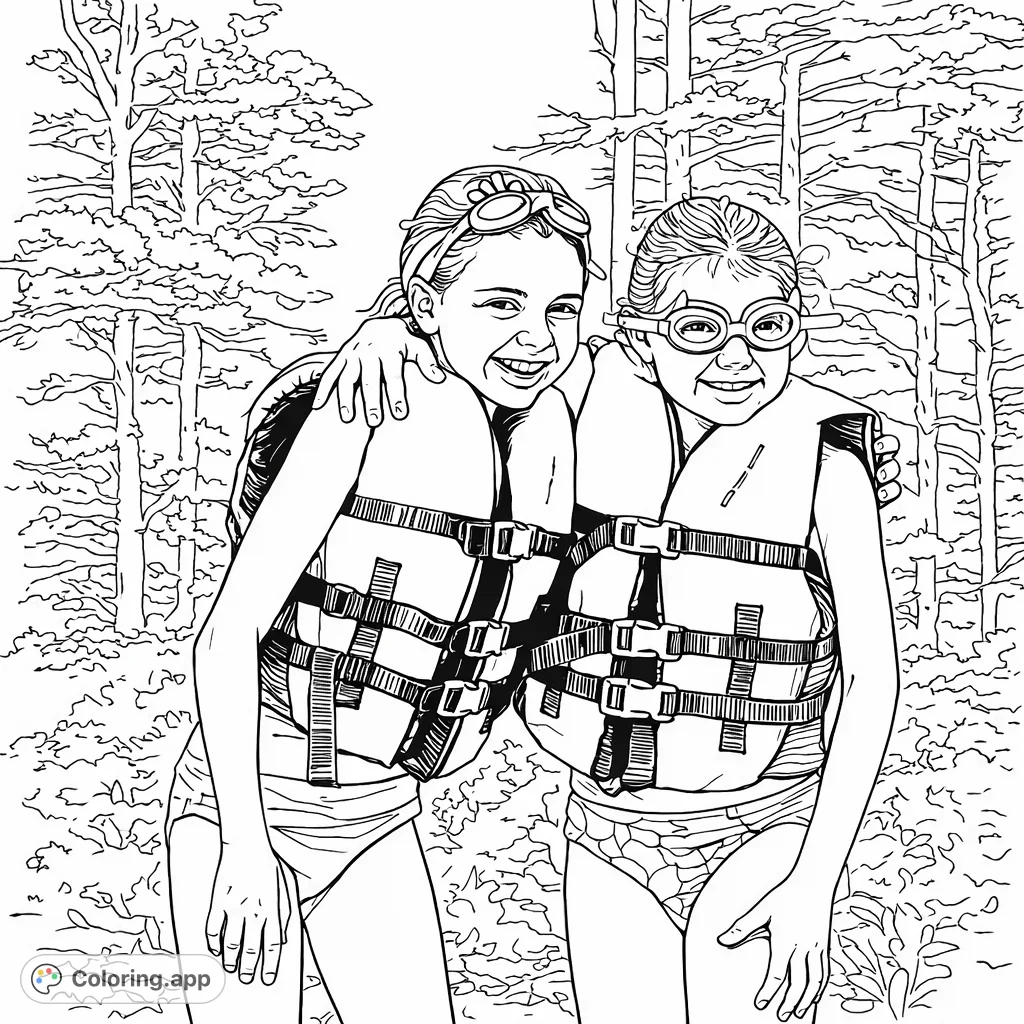 Two joyful children in life vests and swim gear, hugging and smiling against a leafy outdoor background, ready for a water adventure.