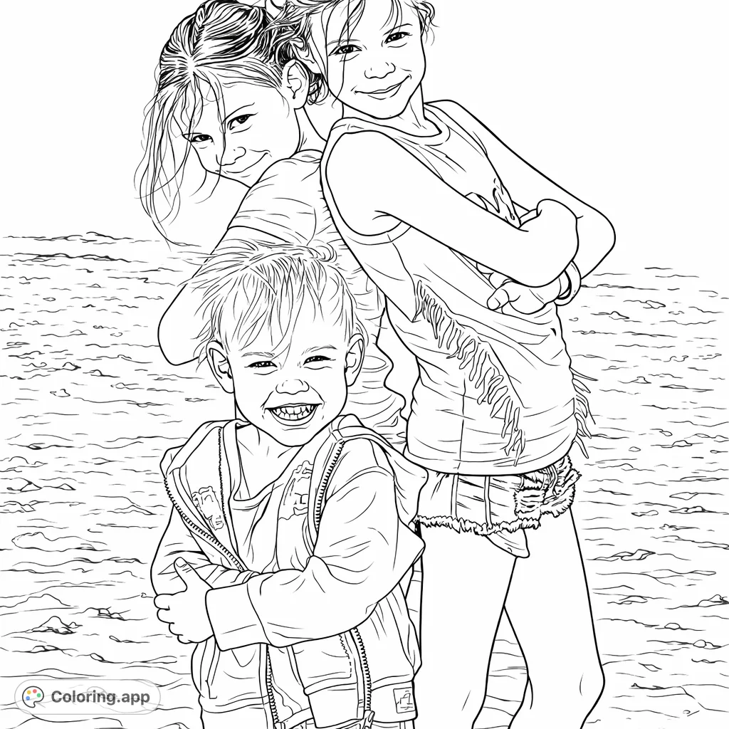 A delightful coloring page featuring three cheerful children posing playfully on a sandy beach. Capture their smiles and create a vibrant scene with your unique artistic touch.