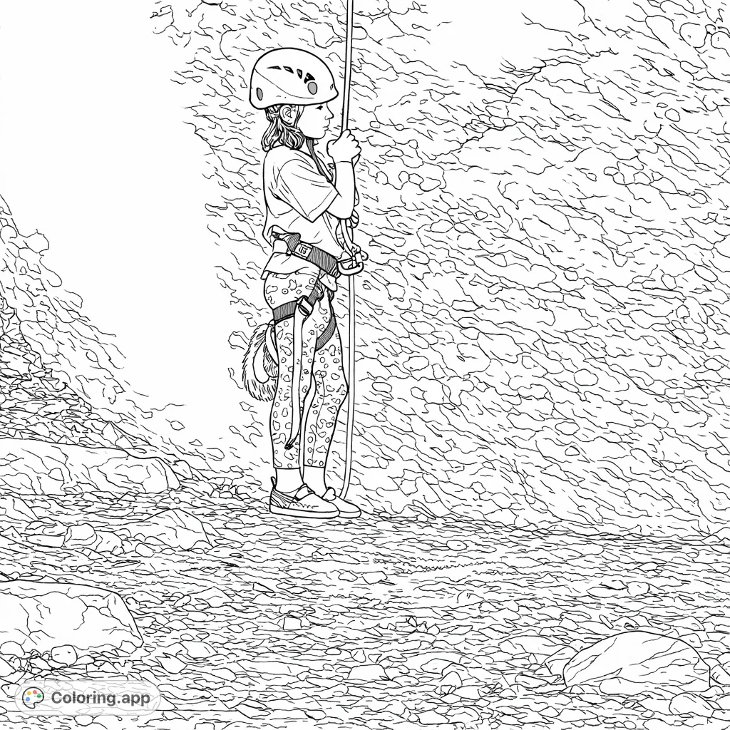 A young climber in full gear, ready for adventure against a textured rock face. Perfect for inspiring outdoor exploration and developing fine motor skills.