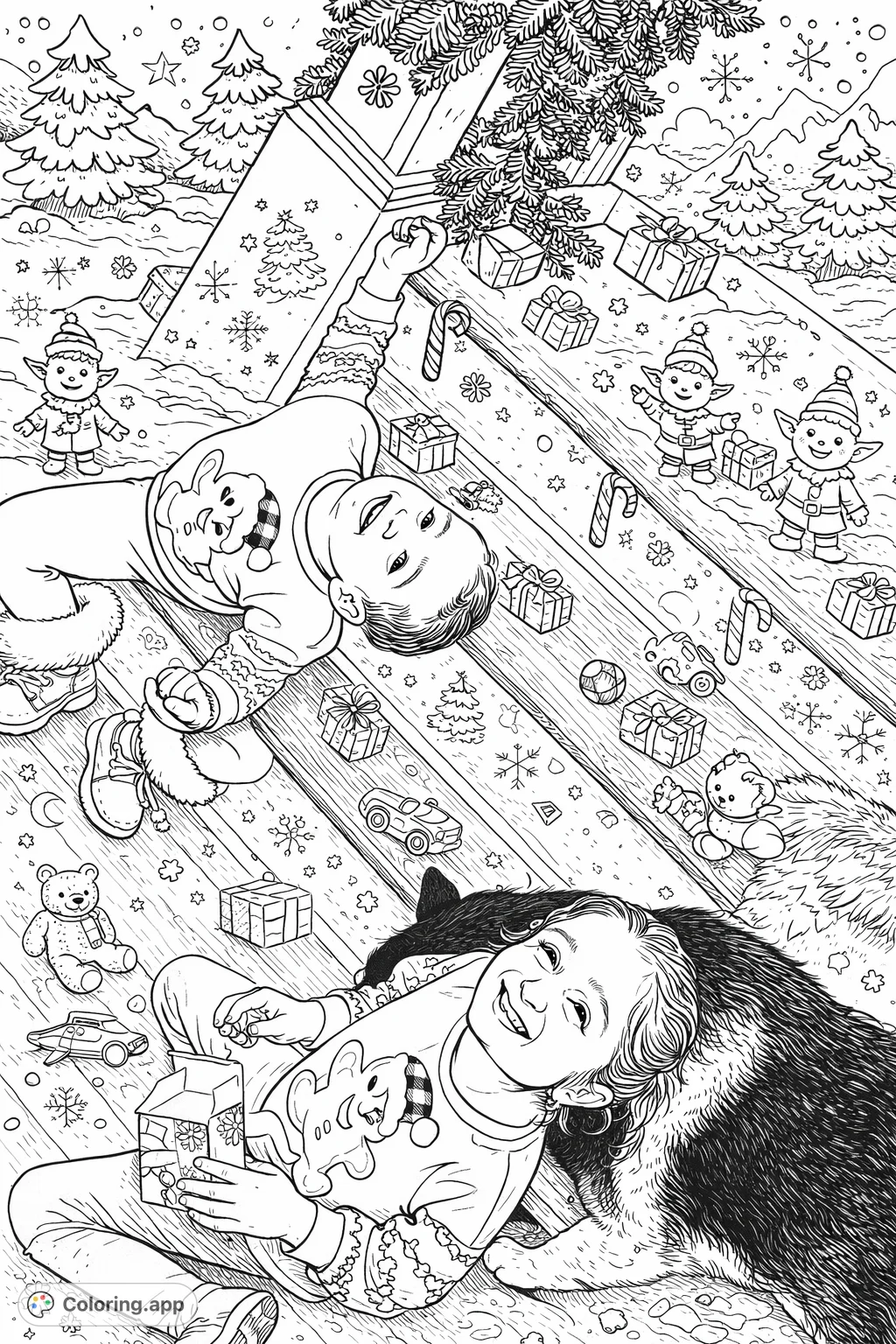 A cheerful winter wonderland coloring page featuring children, playful elves, a Christmas tree, and presents. A delightful free printable Christmas coloring page for kids.