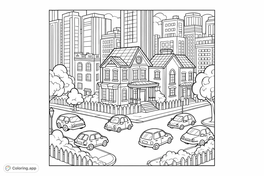 Explore a charming city street corner with a detailed house, bustling traffic, and a towering urban skyline. A fun cityscape coloring adventure!