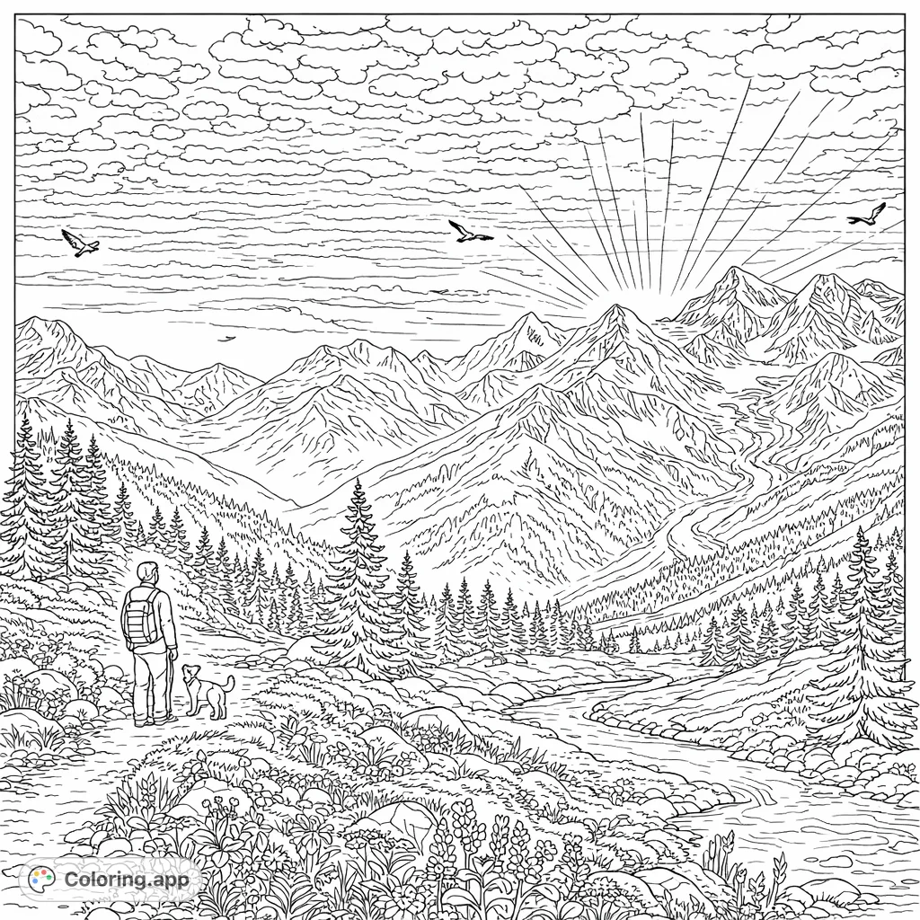 Explore a breathtaking mountain vista coloring page with a hiker, dog, winding river, and majestic peaks under a dramatic sky.