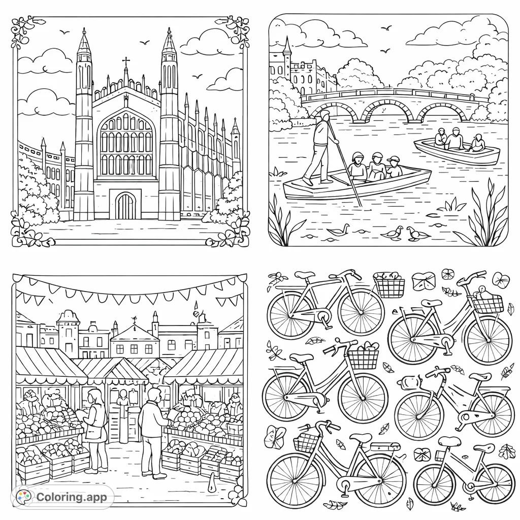 Explore four delightful scenes: a grand cathedral, a peaceful river with punters, a bustling market, and an array of bicycles. Perfect for a relaxing coloring journey.