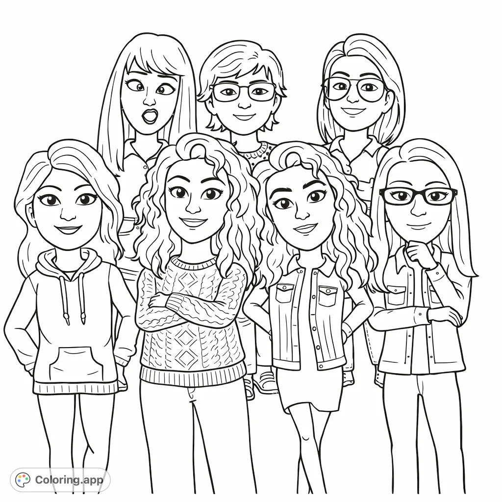 Discover a fun group of seven distinct female avatars, each with unique styles and expressions, ready for creative coloring. A delightful portrait of friendship!