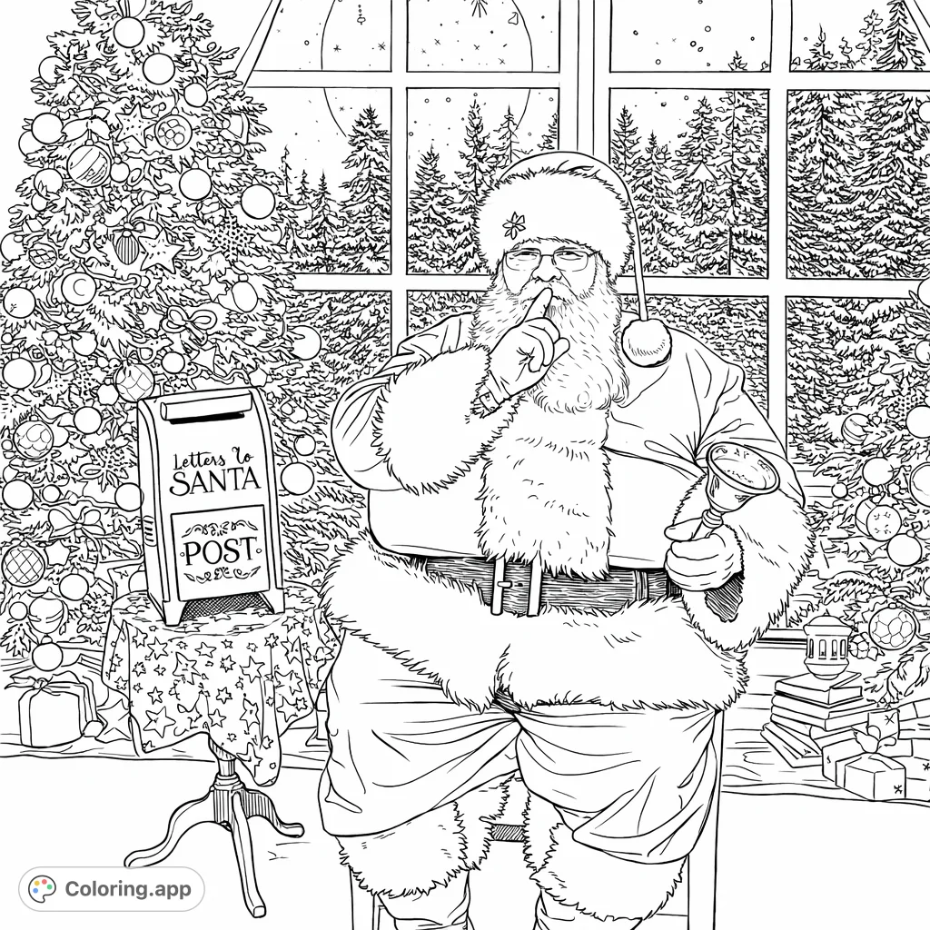 Join Santa Claus as he shares a quiet Christmas secret! This festive page features Santa, decorated trees, and a mailbox for letters, perfect for holiday coloring fun.