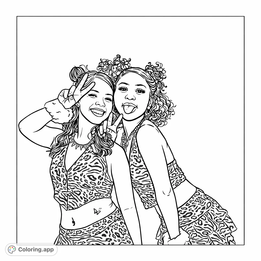 Strike a pose with these two friends in their fun animal print costumes! Explore intricate patterns and unique hairstyles in this lively coloring page.