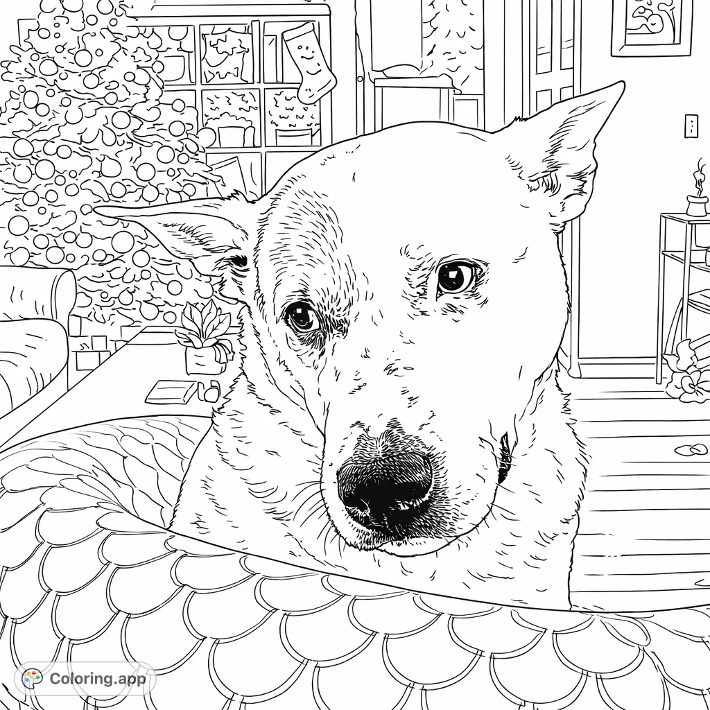 A charming dog sits attentively amidst holiday decorations, with a festive tree in the background. Perfect for pet lovers and holiday cheer.