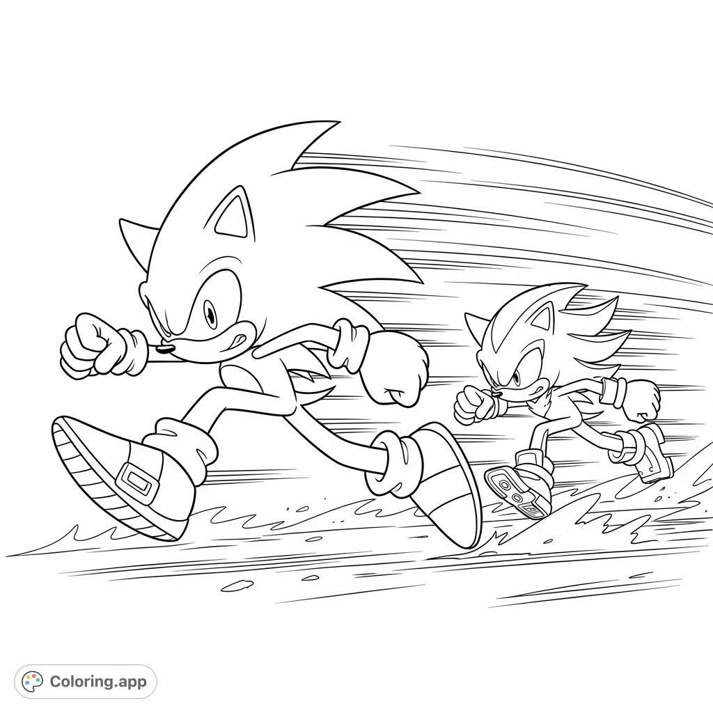 Experience the thrill with this Sonic the Hedgehog coloring page! Sonic runs at top speed, closely pursued by Shadow in an action-packed scene.