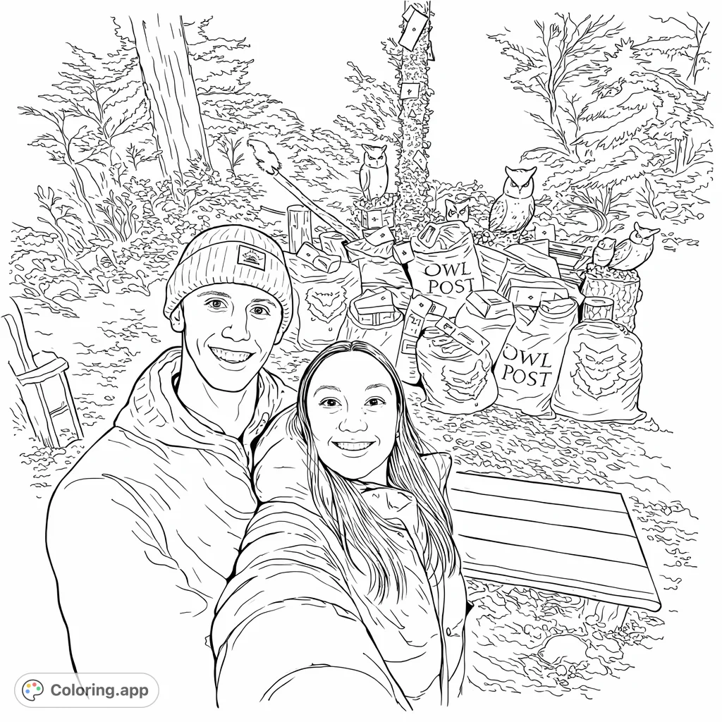 Dive into a magical owl post forest coloring page. Featuring friendly faces, wise owls, piles of letters, and enchanted trees.