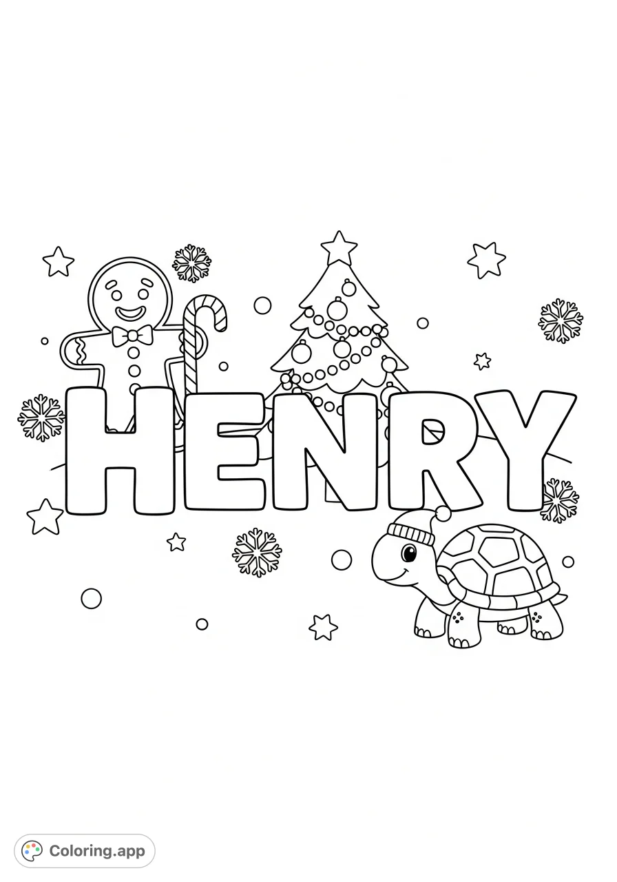 A delightful Christmas scene featuring the name HENRY, a smiling gingerbread man, a festive Christmas tree, and a cheerful turtle, perfect for young colorists.