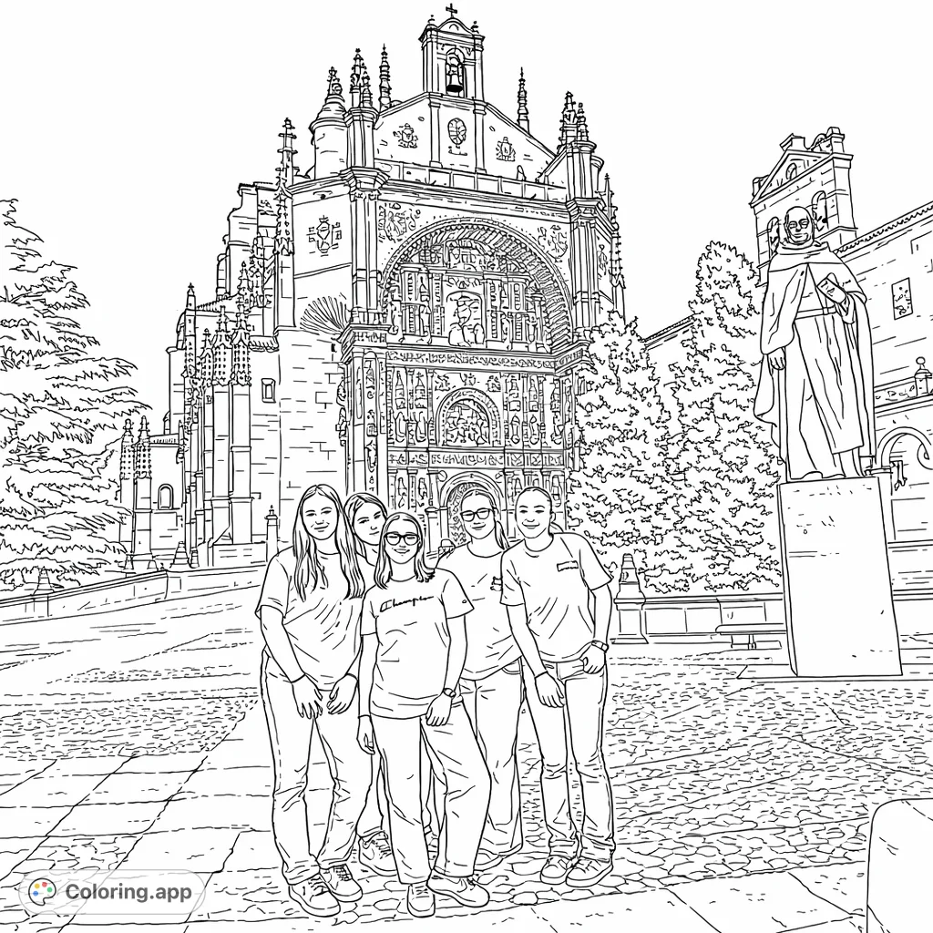 Color an intricate historic building and a group of friends in a grand plaza. Discover ornate architectural details, a statue, and unique textures.