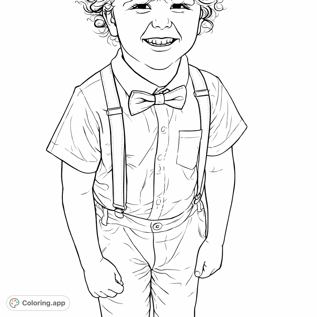 A cheerful young boy with curly hair, dressed in a smart shirt, suspenders, and a bow tie, ready for a special occasion. Perfect for kids!