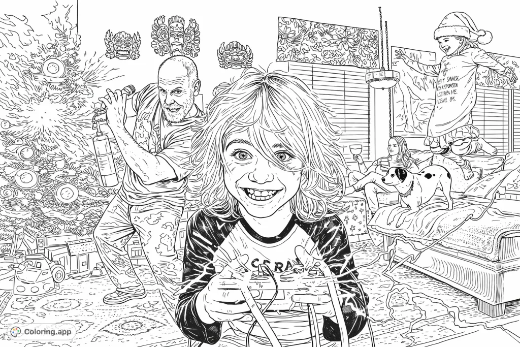 Capture a hilariously chaotic family holiday scene with a burning Christmas tree, mischievous kids, and a frantic adult. A fun, detailed free printable coloring page.