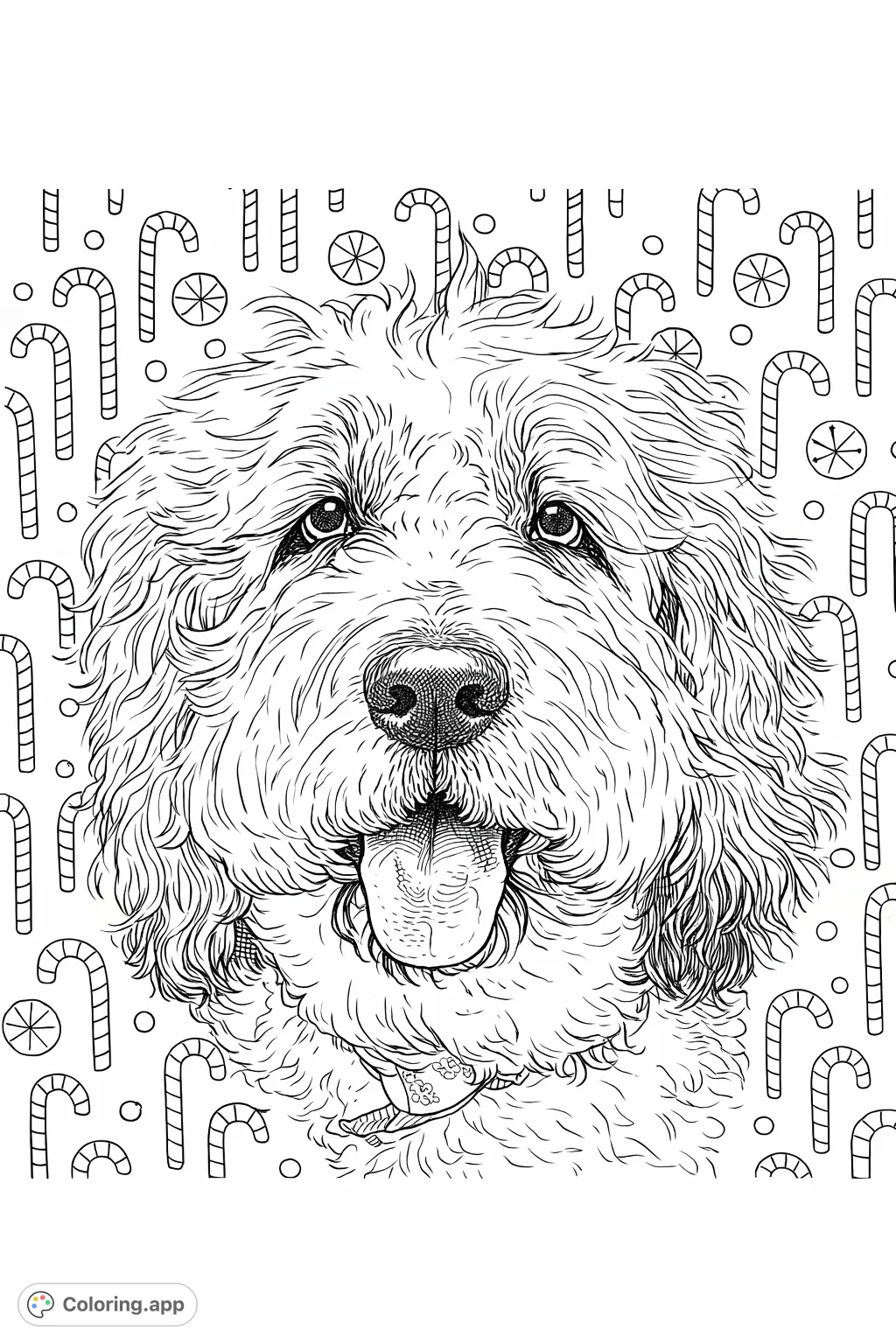 A delightful fluffy dog with a playful expression, set against a cheerful holiday background with candy canes and other festive patterns.