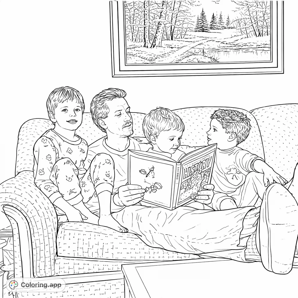 Cozy family storytime on the sofa. A father reads to three children in pajamas, a heartwarming scene perfect for coloring and celebrating family bonds.