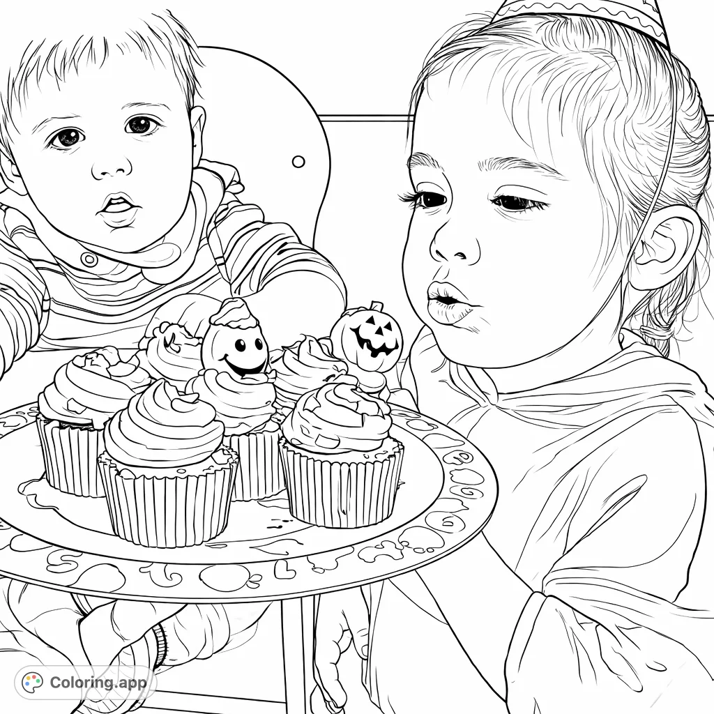 Capture a sweet party moment with two children and a plate of festive cupcakes. Features an older child blowing and a younger one watching, perfect for celebrations.