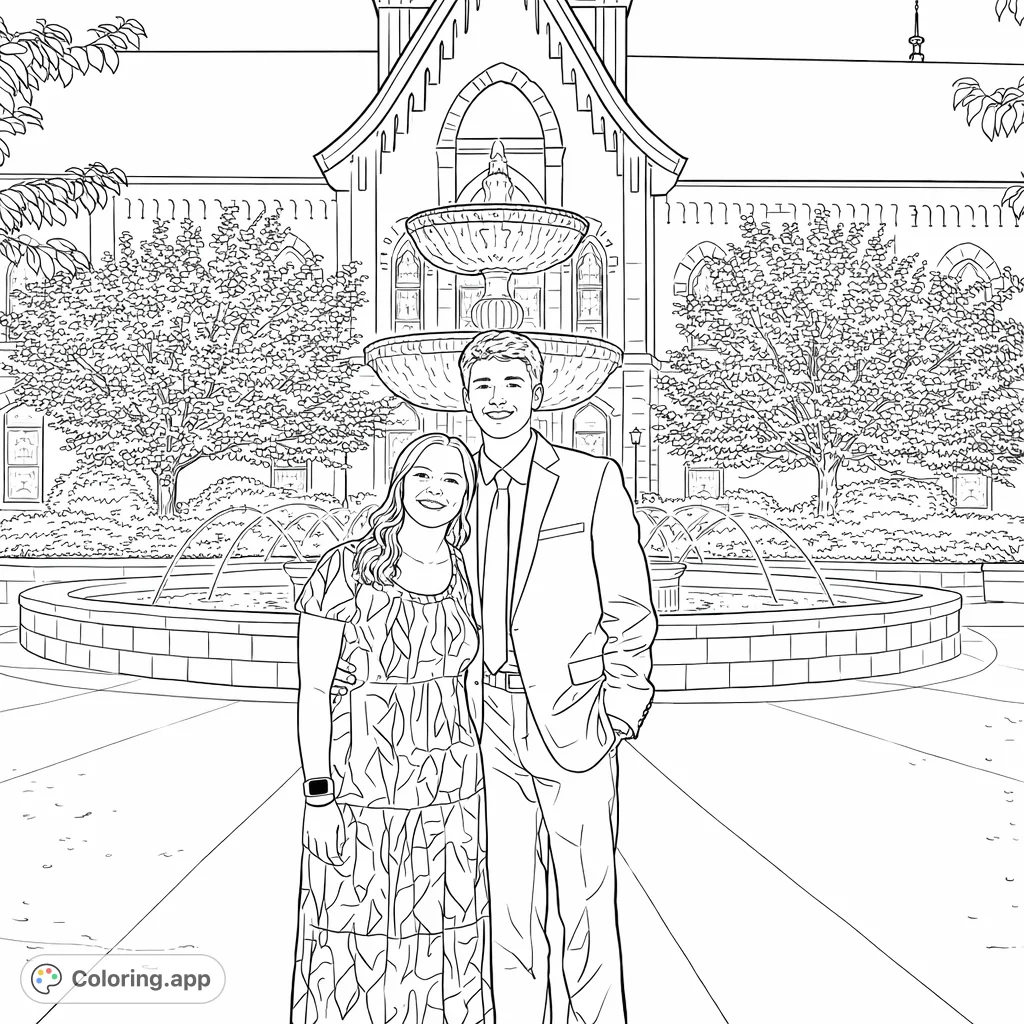 Color a charming couple against a stunning architectural backdrop with a majestic tiered fountain and lush trees, perfect for detailed coloring enthusiasts.