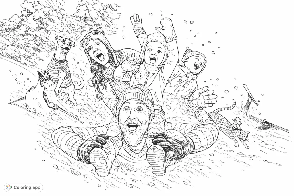 Experience a joyous winter snow day adventure coloring page featuring a family, dog, penguin, and cat in a thrilling downhill descent amidst a flurry of snow.