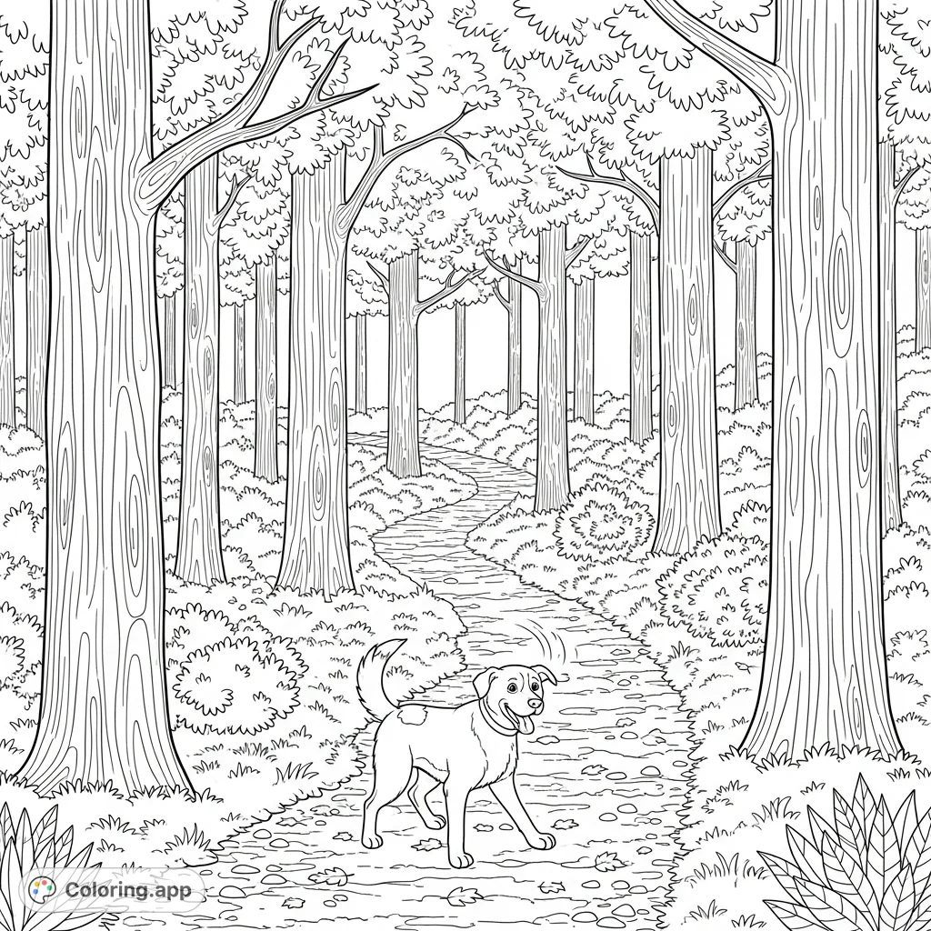 A cheerful dog enjoys a leisurely stroll through a serene forest path, surrounded by towering trees and lush foliage. Perfect for animal lovers and nature enthusiasts.