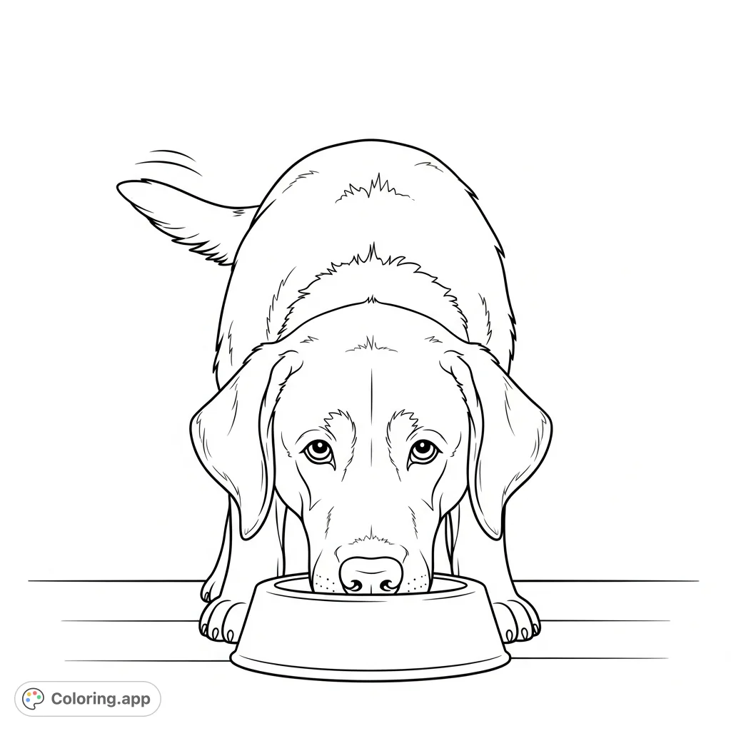 A delightful Labrador retriever joyfully eating from its food bowl. Perfect for dog lovers and a heartwarming scene to color.