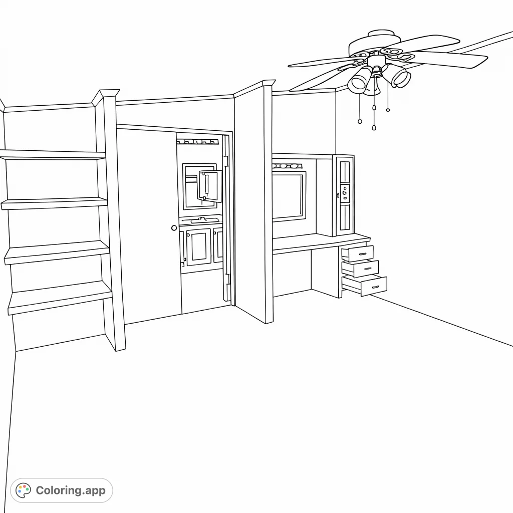 Explore this detailed room interior, featuring built-in shelves, a vanity with drawers, and a ceiling fan. Perfect for designing your ideal living space.