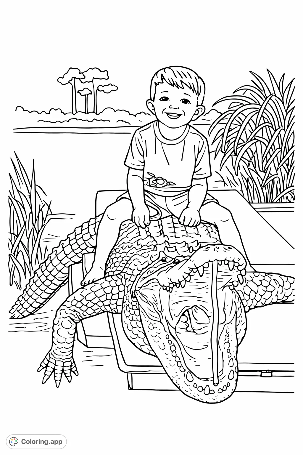 A thrilling adventure awaits! A smiling boy sits atop a large alligator with its mouth wide open, set against a calm watery landscape.