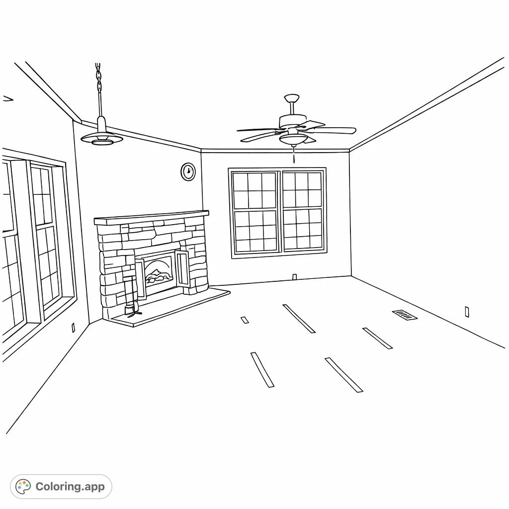 Explore an empty room featuring a prominent stone fireplace, multiple windows with outdoor views, and ceiling fans. A blank canvas for your design creativity!