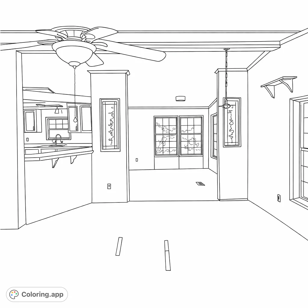 Explore an open-plan interior room coloring page. Features a ceiling fan, kitchen area with a sink, large windows, and architectural details.