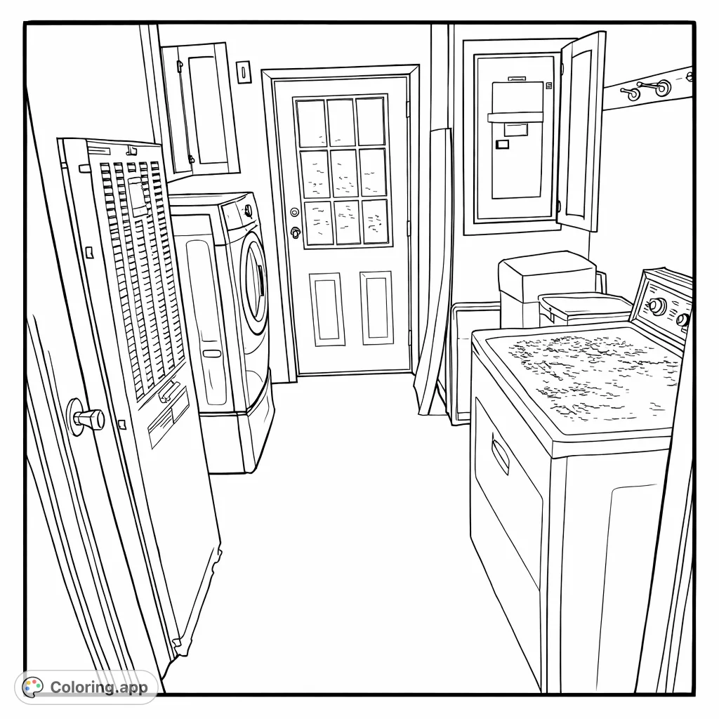 A detailed utility room scene featuring laundry appliances, a door with a window, and various household elements, offering a realistic coloring experience.