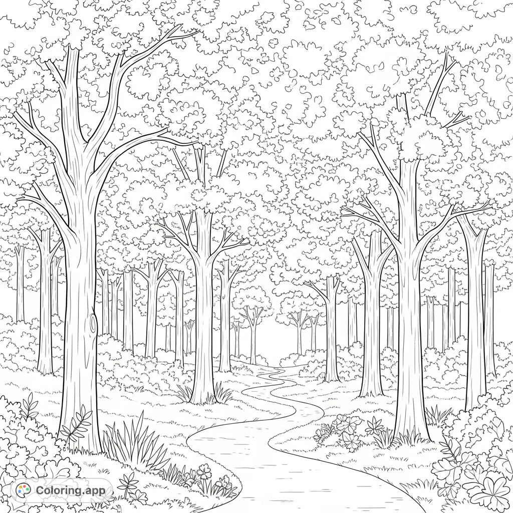 Explore a serene forest coloring page with abundant leafy trees and a winding path. This free printable nature coloring page is perfect for kids and adults.