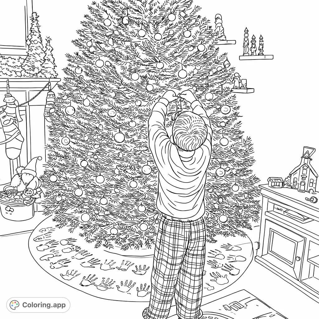A heartwarming scene of a child decorating a grand holiday tree, surrounded by festive ornaments and a unique handprint tree skirt. Perfect for holiday spirit!