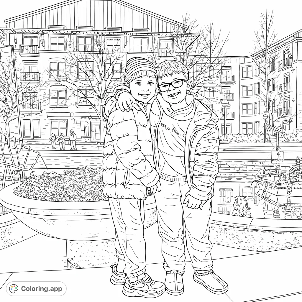 Two cheerful boys stand together by a scenic canal with urban buildings and decorative elements, perfect for a heartwarming coloring adventure.