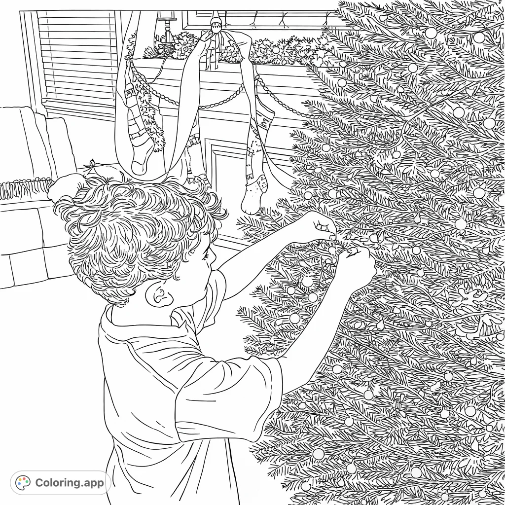 A heartwarming holiday coloring page featuring a child carefully decorating a festive tree, complete with twinkling lights and a charming, decorated fireplace background.