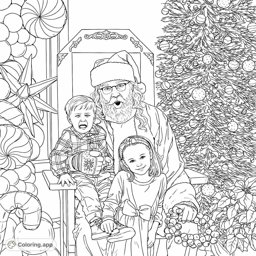 Capture the magic of a holiday encounter! This festive coloring page features Santa with two children, surrounded by joyful decorations.