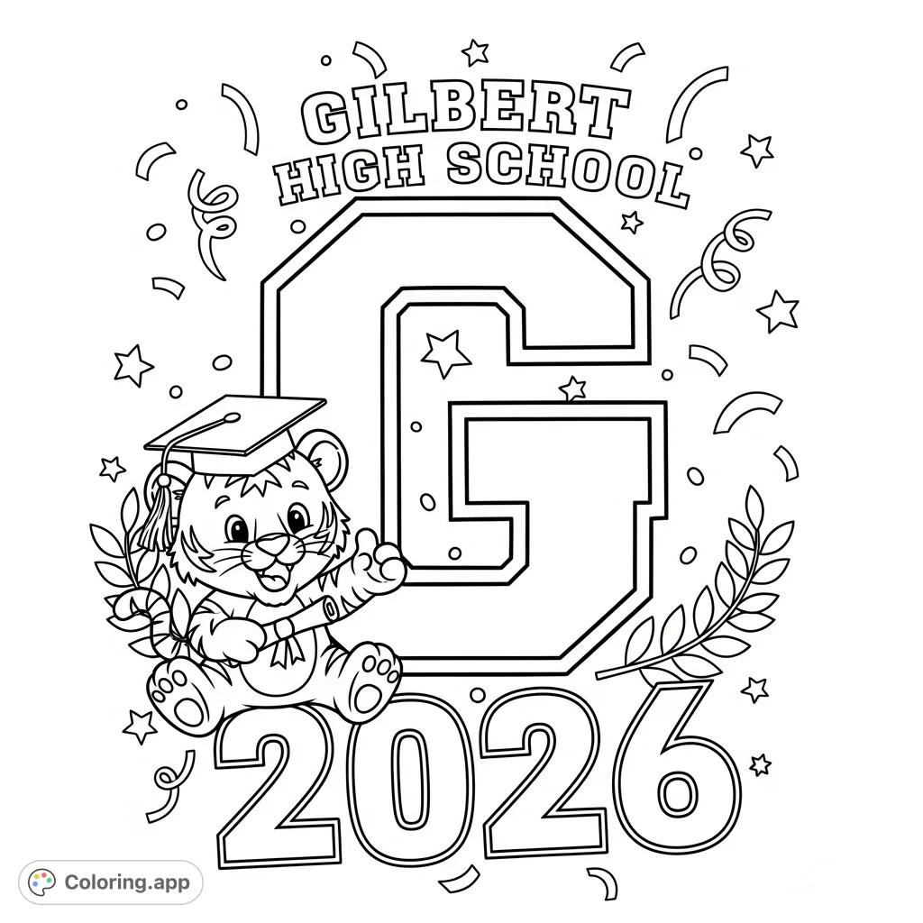 A customizable graduation card featuring Gilbert High's 'G', a cheerful tiger mascot, and the year 2026, surrounded by celebratory elements.