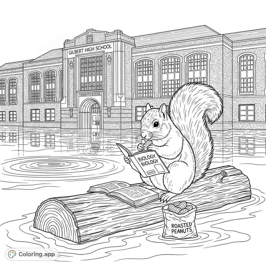 Discover a unique Gilbert High School coloring page featuring a whimsical squirrel reading a biology textbook amidst a flooded landscape. Perfect for all ages!