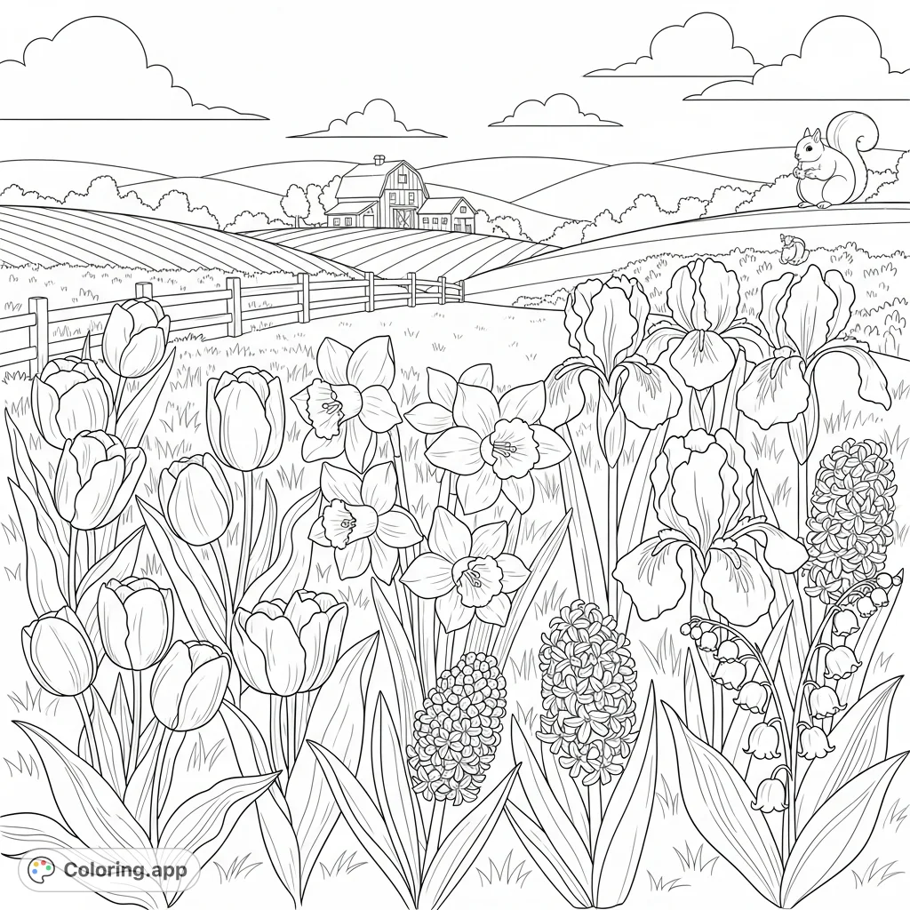 Experience the beauty of Iowa's spring with this intricate coloring page featuring a meadow filled with blooming tulips, daffodils, irises, and more.