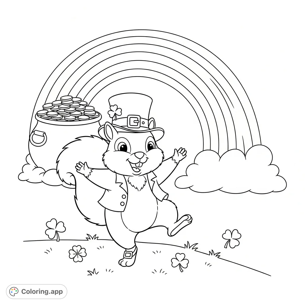 A charming, plump squirrel in a leprechaun hat performs a lively jig before a vibrant rainbow and a pot of gold, offering a joyful coloring adventure.