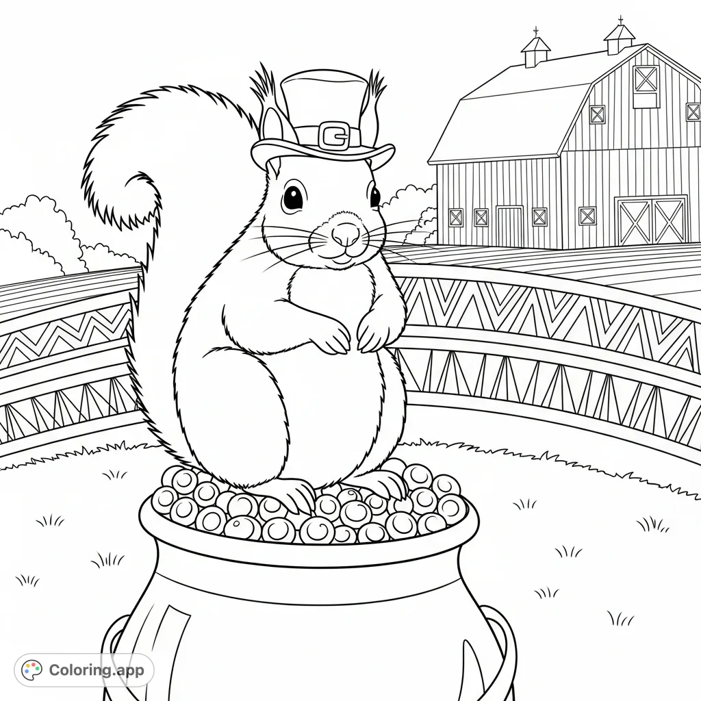Discover a charming leprechaun squirrel guarding its pot of treasure on an Iowan farm. This whimsical coloring page brings fantasy to a rustic setting.