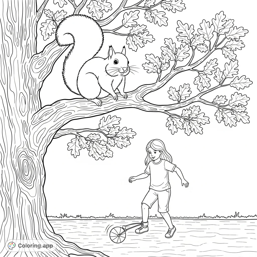 Discover a charming scene featuring a plump squirrel in an oak tree watching a girl play with an ankle skip ball on a driveway. Perfect for nature lovers!