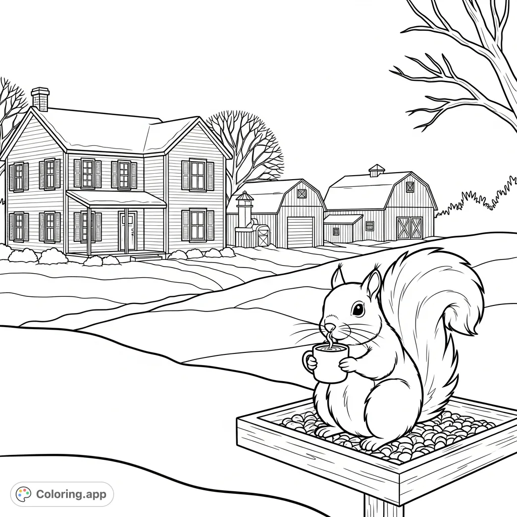 Capture the charm of an Iowa winter farm with a cozy squirrel enjoying hot chocolate on a bird feeder, surrounded by snow-covered buildings.