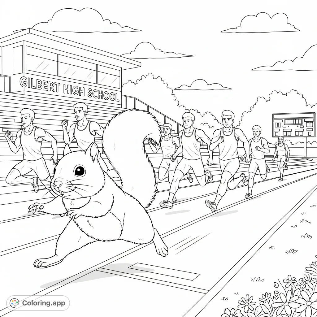 A hilarious scene featuring a determined squirrel racing against the Gilbert High School track team on a high school track. Perfect for a fun, unique coloring page!