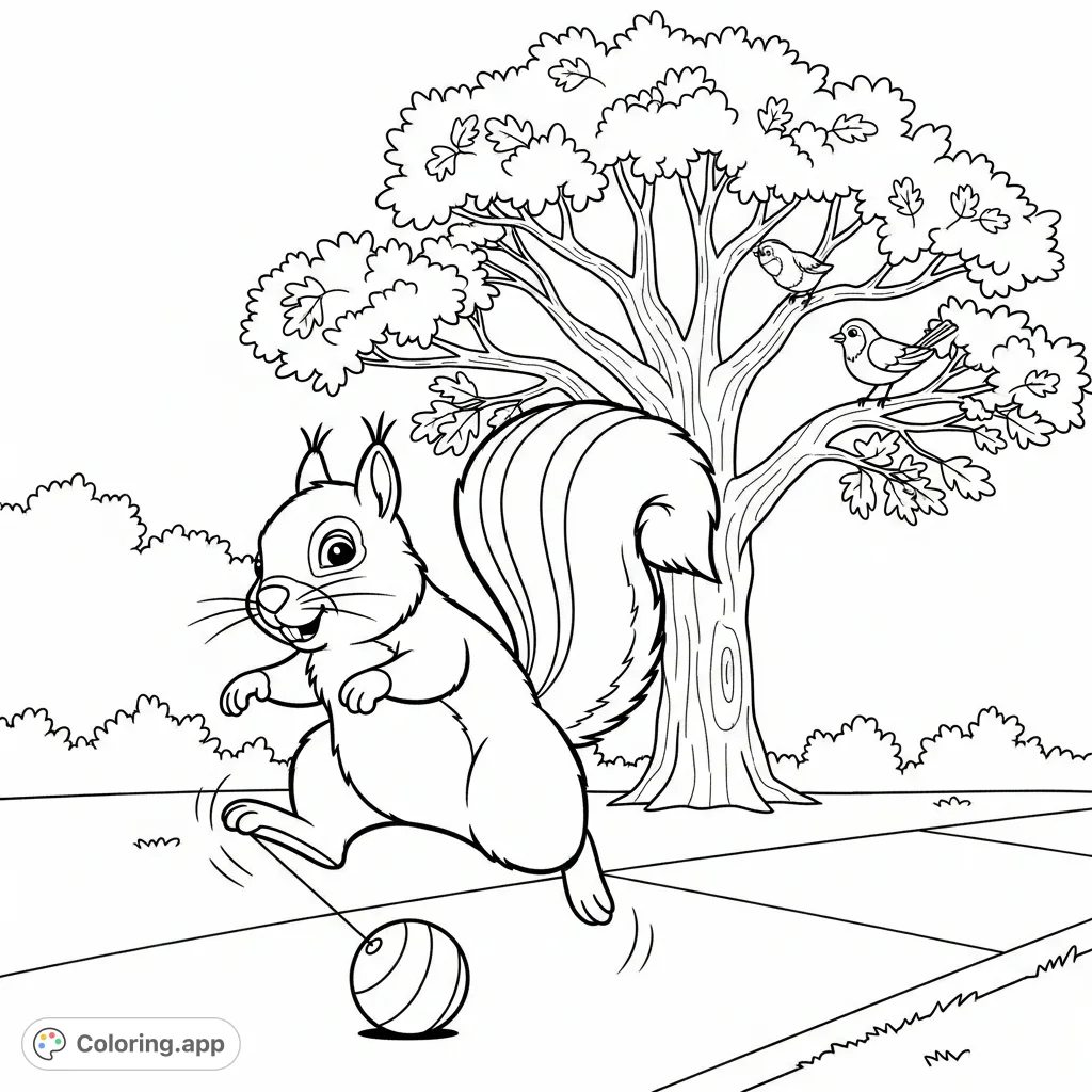 A delightful coloring page featuring a plump squirrel playfully jumping over an ankle skip ball on a driveway, observed by a bird in an oak tree.