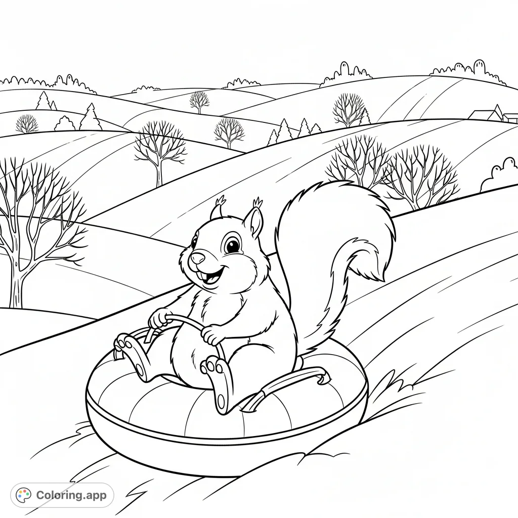 A plump squirrel enjoys a thrilling descent down snow-covered hills on a sledding tube, with a detailed winter landscape background. A fun, whimsical winter scene.